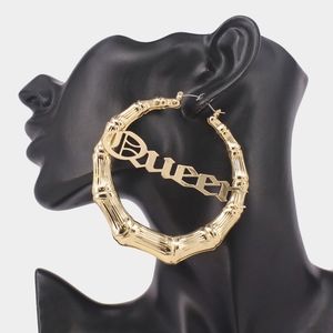 Gold QUEEN Hoop Bamboo DoorKnocker Earrings 3.25 Trend Message Statement Jewelry